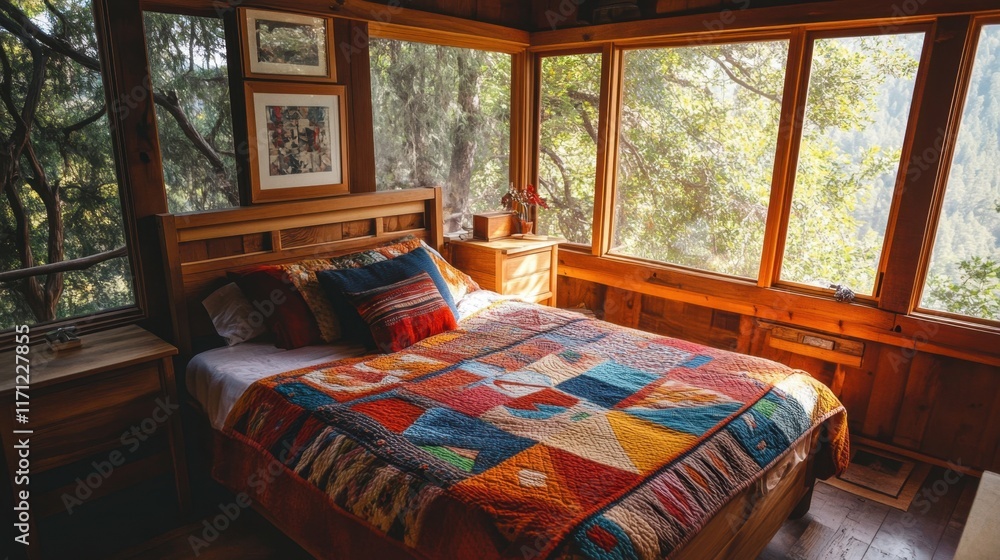 Fototapeta premium Cozy Rustic Bedroom with Vibrant Quilt and Scenic Nature View