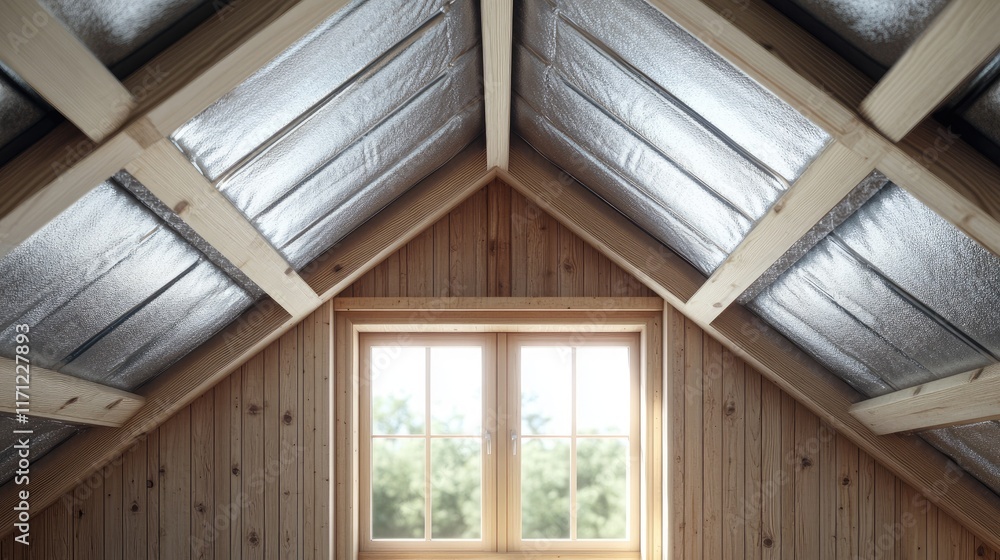 Fototapeta premium Loft conversion project featuring exposed wooden walls, roof windows, and silver insulation, rendered with selective focus for depth.