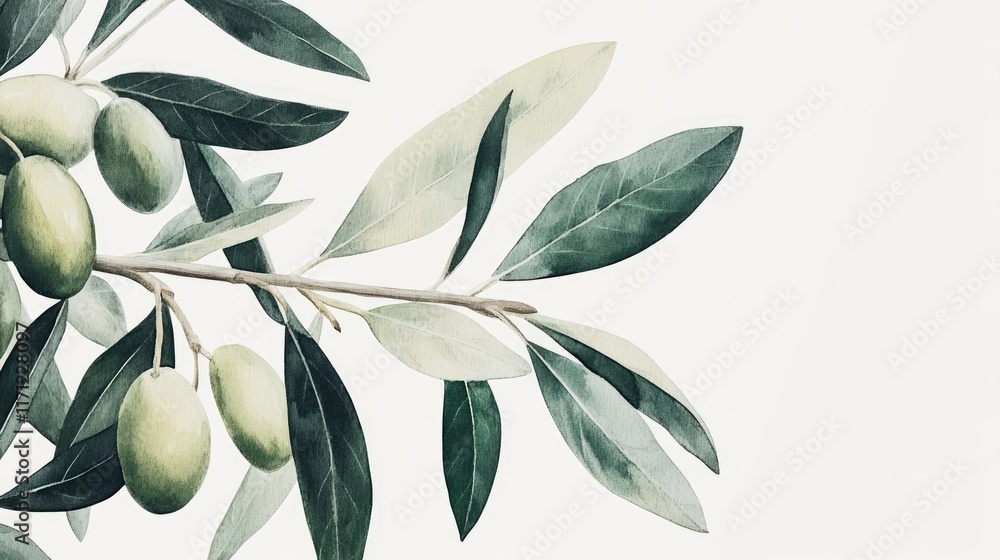 Obraz premium Lush green olives with leaves on a branch, showcased in crisp detail against a minimalistic white background.