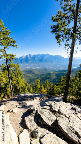 Mountaintop Hiking Trail View Rocky outcrop, scenic valley panorama, clear sky, pine trees. Travel brochure use.