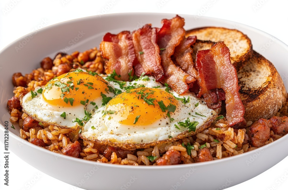 Delicious and Savory Breakfast Platter with Fried Eggs, Crispy Bacon, Toasted Bread, and Flavorful Rice Dish, Ideal for Morning Meals and Brunch Settings Delicious and Savory Breakfast Platter with Fried Eggs, Crispy Bacon, Toasted Bread, and Flavorful Rice Dish, Ideal for Morning Meals and Brunch Settings