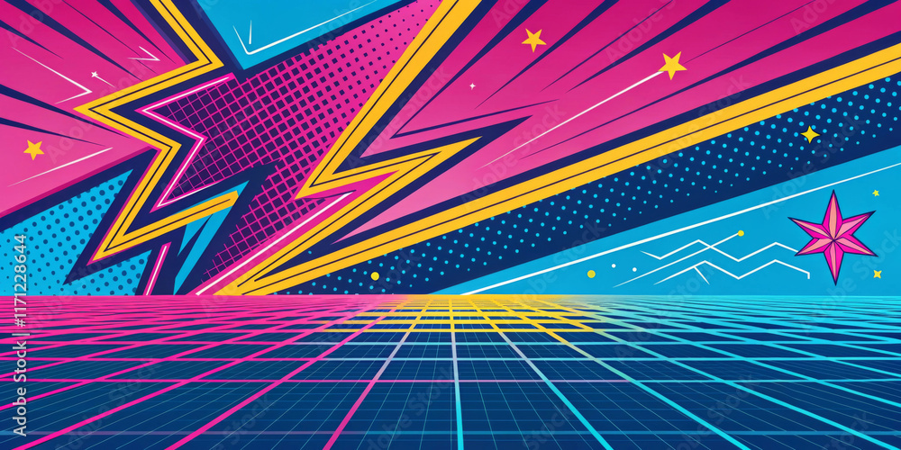 Fototapeta premium Explosive geometric patterns burst from the center, featuring dynamic arcs and vibrant colors. A grid-like floor suggests a retro, futuristic landscape.AI