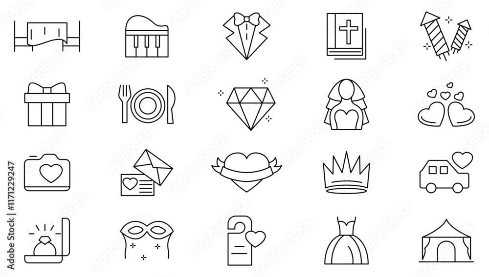 Fototapeta premium Wedding Celebration line icon set. Containing calendar, confetti, decorations, present, fireworks, masks, balloons, cake, ticket, birthday, line icon set. Ui thin line icon pack.