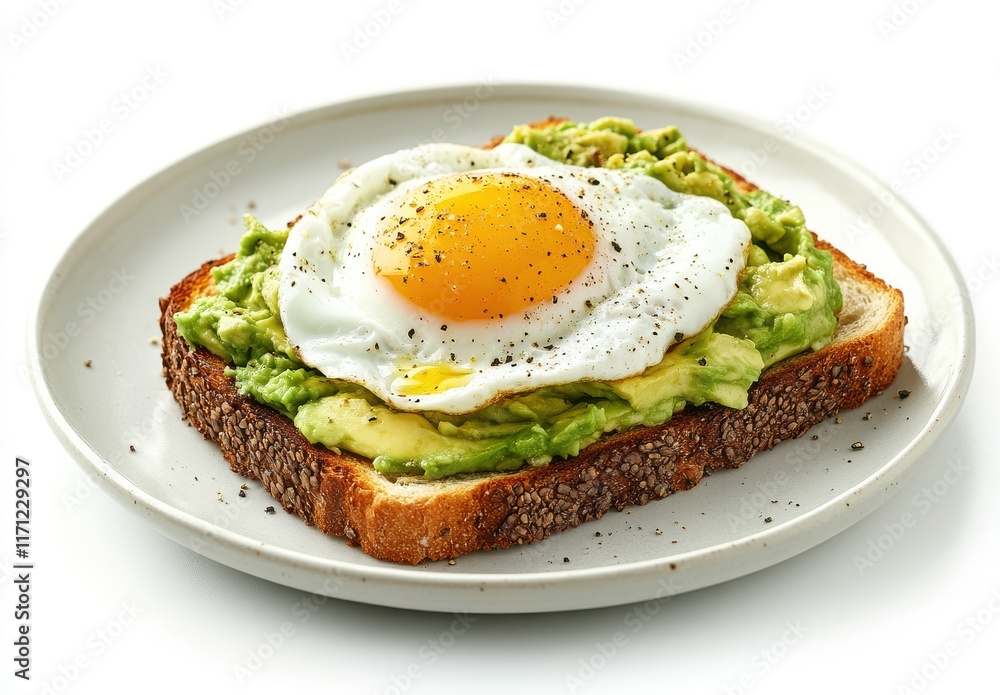 Delicious avocado toast topped with a perfectly fried egg, garnished with fresh black pepper on a clean white plate, ideal for breakfast lovers and healthy eaters. Delicious avocado toast topped with a perfectly fried egg, garnished with fresh black pepper on a clean white plate, ideal for breakfast lovers and healthy eaters.