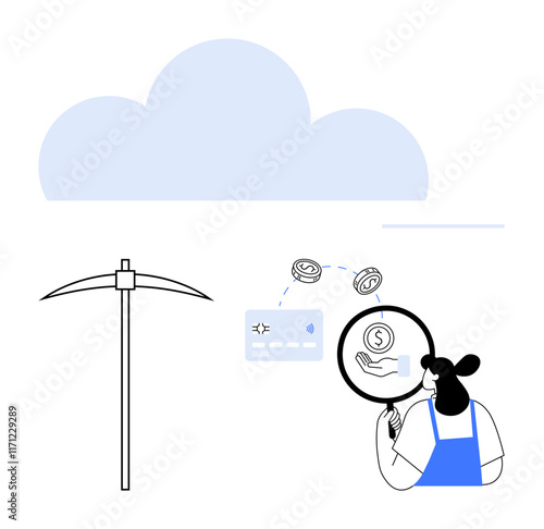 Woman uses magnifying glass to examine digital currency transaction over credit card. Accompanied by a pickaxe and large cloud symbol. Ideal for fintech, cryptocurrency, blockchain, data mining