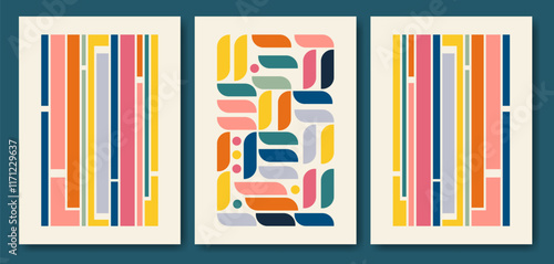 Minimalist poster flat geometric art set. Vintage retro bauhaus design collection