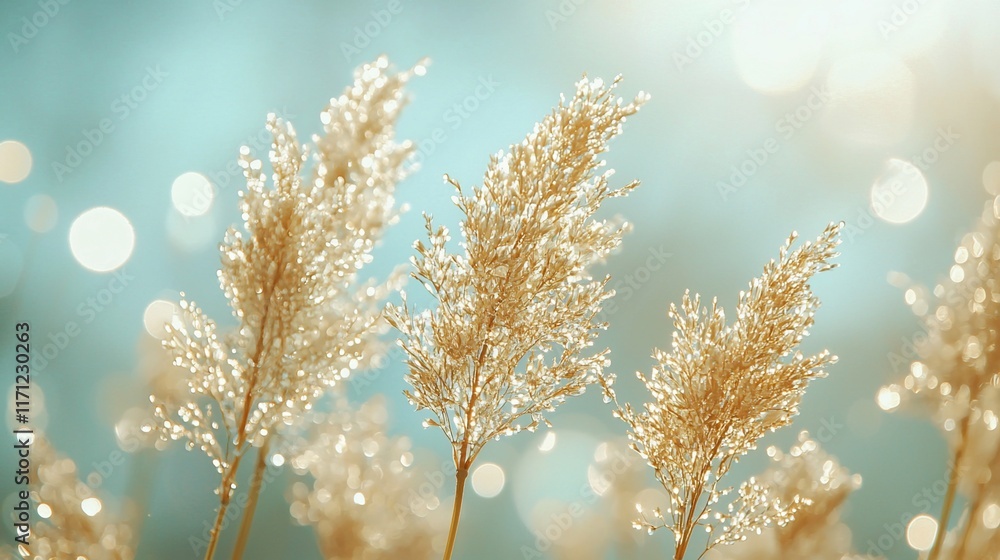 Sunlit reeds with dew drops against a bokeh background. Sunlit reeds with dew drops against a bokeh background.