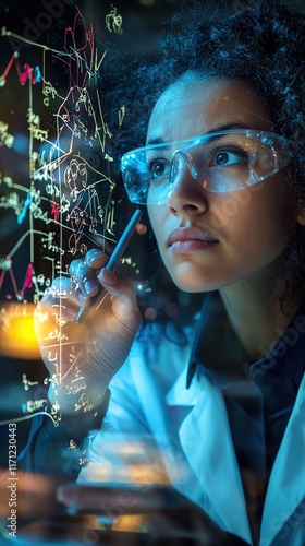 Scientist engaged in complex equations on a glass board in laboratory setting photo