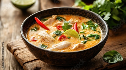 Spicy Chicken Coconut Soup with Lime and Herbs