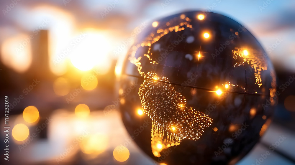 Illuminated globe sunset cityscape global connection background Illuminated globe sunset cityscape global connection background