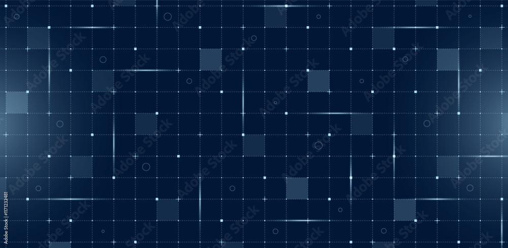 Futuristic VR HUD user interface with digital grid and particle mesh. Hi tech GUI visor layout. Sci fi spaceship display featuring lines and dots on dark blue background for advanced FUI dashboard