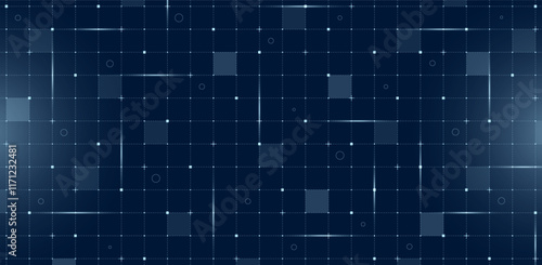 Futuristic VR HUD user interface with digital grid and particle mesh. Hi tech GUI visor layout. Sci fi spaceship display featuring lines and dots on dark blue background for advanced FUI dashboard