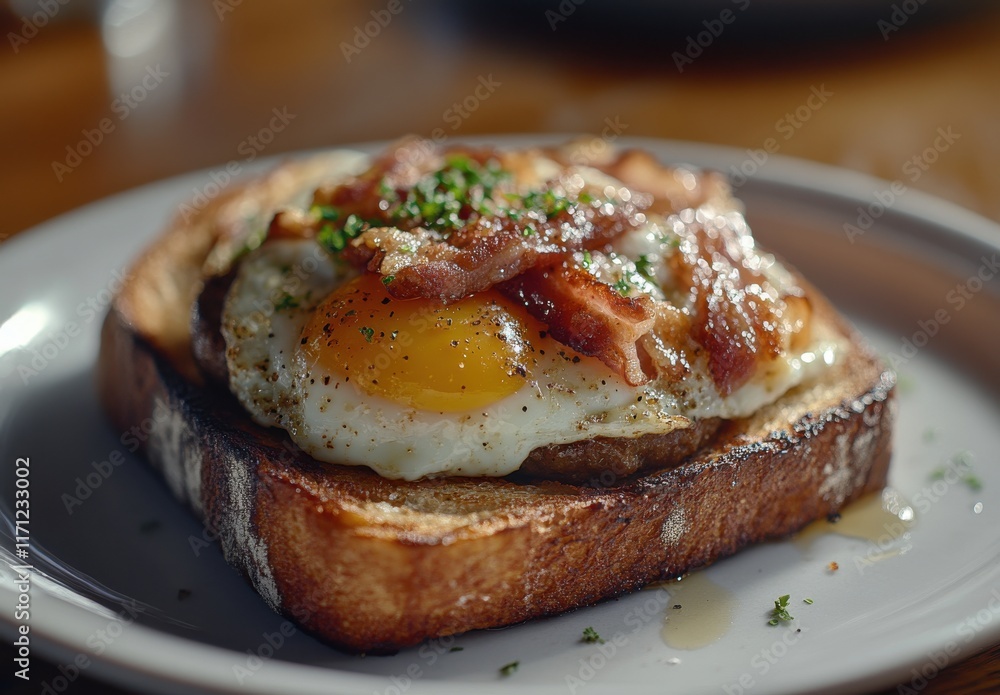 Delicious breakfast featuring a perfectly cooked egg on crispy toast topped with savory bacon bits and fresh herbs, highlighting a comforting start to the day Delicious breakfast featuring a perfectly cooked egg on crispy toast topped with savory bacon bits and fresh herbs, highlighting a comforting start to the day