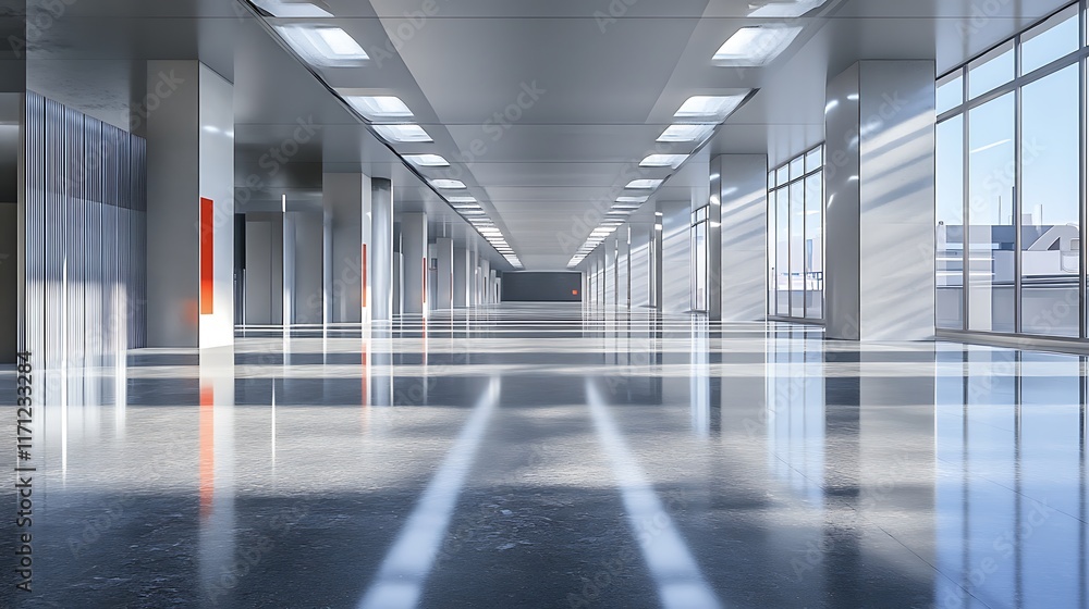Obraz premium Modern, empty office hallway with large windows, bright sunlight, and polished concrete floor.