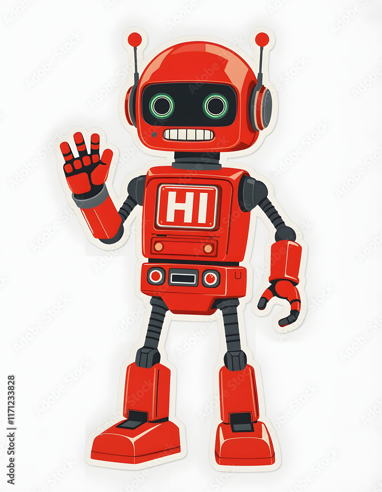 Fototapeta premium retro red robot says hi transparent, flat papercut style, with white tones