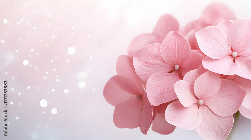 Pink Hydrangea Blossoms, Soft Background, Spring, Website Banner. Pink Hydrangea Blossoms, Soft Background, Spring, Website Banner.