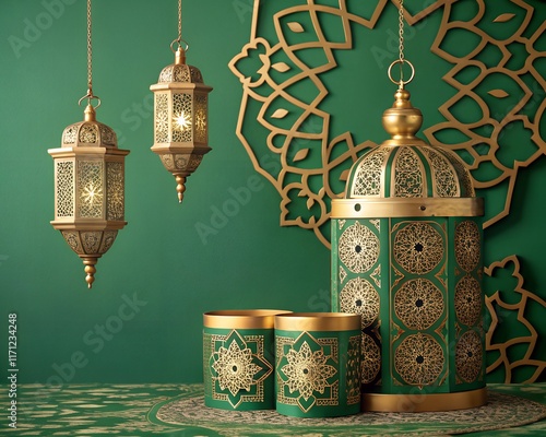 3d rendering of Ramadan Kareem background with arabic lanterns. Eid al-fitr background. Ramadan Kareem and Eid Mubarak greeting banner image.
 photo