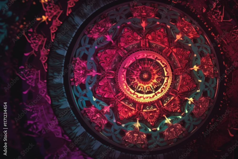 Fototapeta premium Intricate mandala with vibrant red and purple tones and ornate patterns