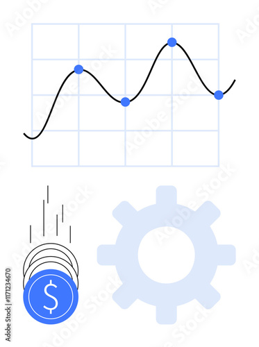 Graph with trend line and data points, coins representing financial gain, and a gear indicating optimization. Ideal for business analytics, investment strategies, finance education, performance