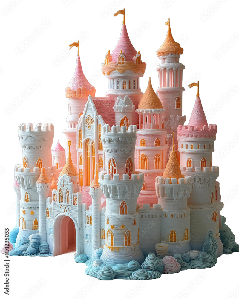 A 3D-printed castle with pastel towers and tiny flags, resting on a bright white platform, A 3D-printed castle with pastel towers and tiny flags, resting on a bright white platform,