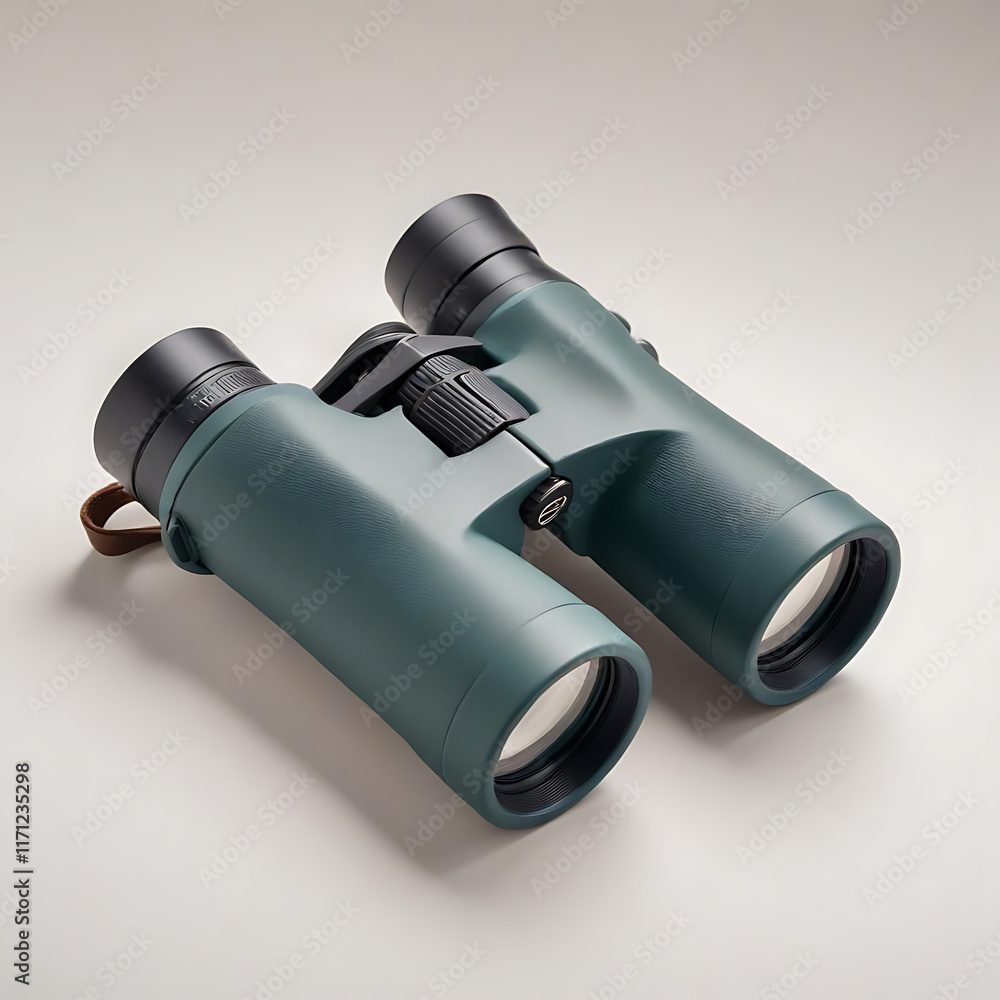 A pair of binoculars with a carry strap, set against a clean white backdrop. A pair of binoculars with a carry strap, set against a clean white backdrop.