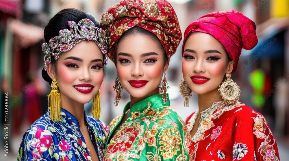 Fototapeta premium Three elegantly dressed women in traditional attire pose together, showcasing vibrant colors and intricate accessories against a lively street backdrop.