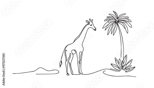 hand drawn illustration of palm tree with giraffe 