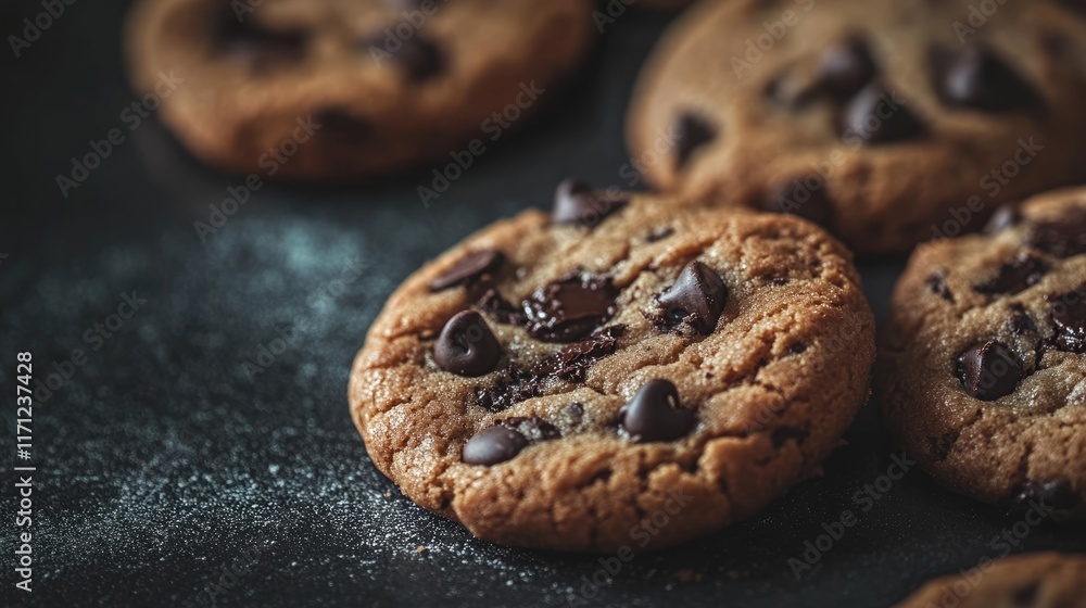 Close Up of Chocolate Chip Cookies on a Black Surface Close Up of Chocolate Chip Cookies on a Black Surface