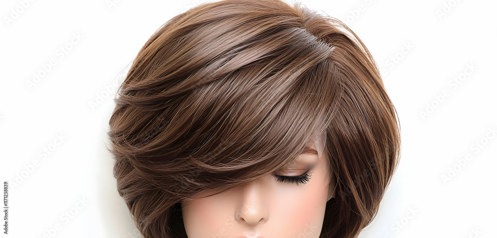 A realistic brown layered wig displayed on a white background for a natural look. A realistic brown layered wig displayed on a white background for a natural look.
