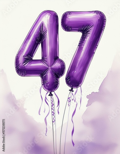 Purple birthday / anniversary balloon, number 47, watercolor painting with white background photo