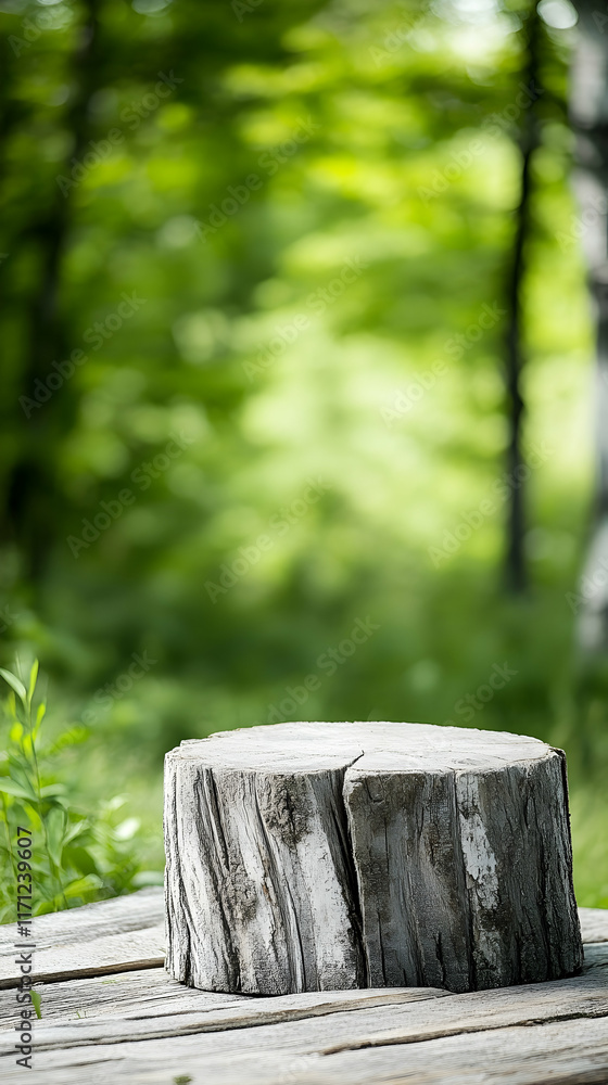 Rustic Wooden Stump Display, Forest Background, Product Photography. Rustic Wooden Stump Display, Forest Background, Product Photography.