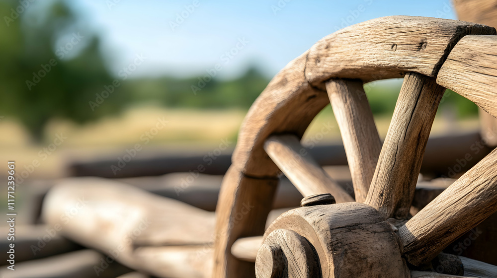 Rustic Wooden Wagon Wheel, Countryside Background, History, Rural, Texture. Rustic Wooden Wagon Wheel, Countryside Background, History, Rural, Texture.