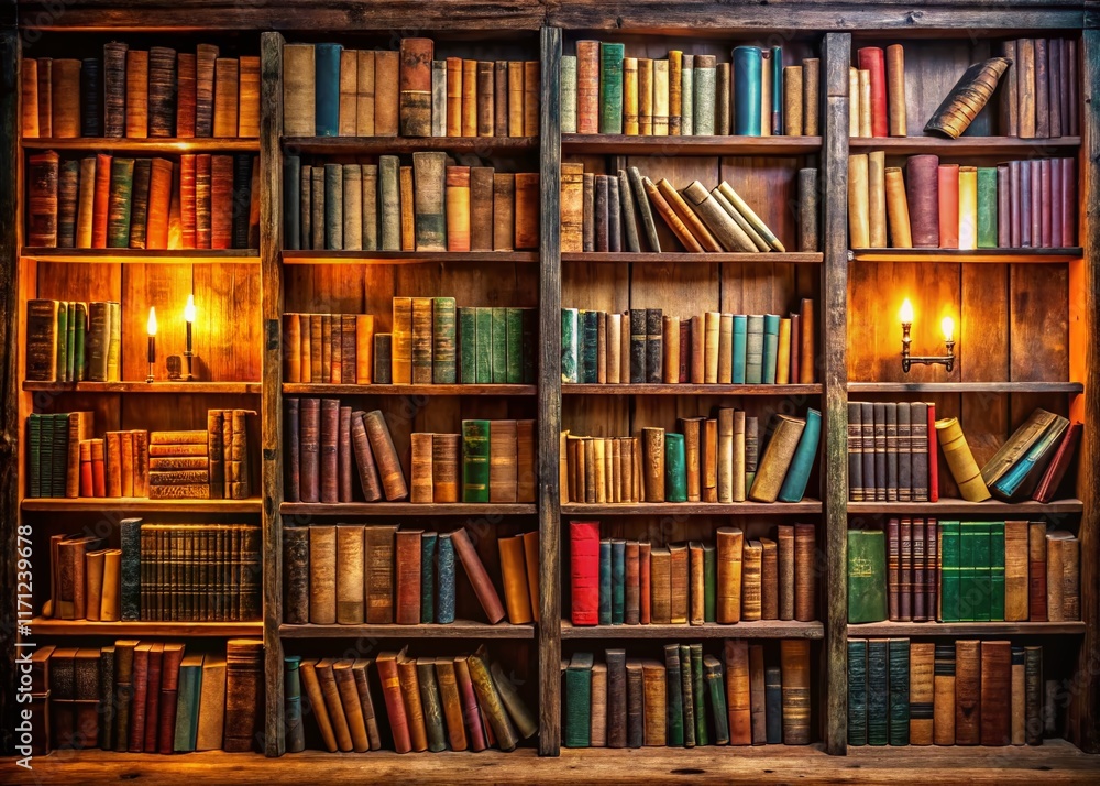 Weathered Wooden Bookshelf Overflowing with Classic Novels - Stock Photo Weathered Wooden Bookshelf Overflowing with Classic Novels - Stock Photo