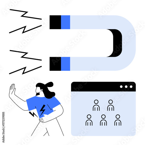 Large magnet emitting lines toward a grid of user avatars, person avoiding attraction. Ideal for marketing, audience targeting, influence, user retention, outreach ideas, and abstract line flat