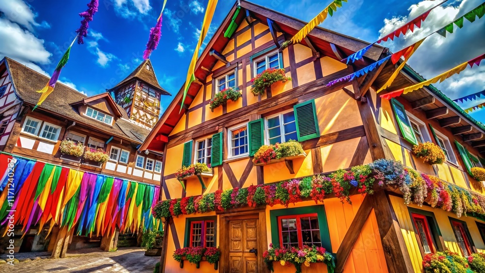 Obraz premium Whimsical Cartoon Wooden Ribbons & Banners Hanging on Rustic Architecture