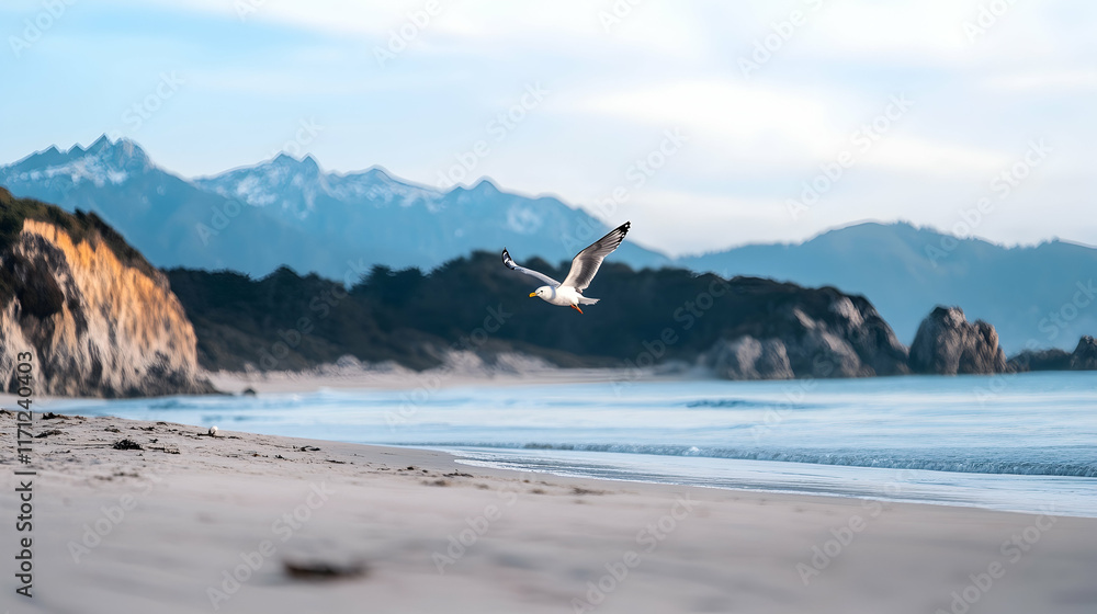 Seagull flying over sandy beach, mountains background, coastal travel postcard.