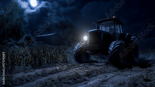 a tractor riding on his farm during midnight with a eye-level angle seen from frontside 