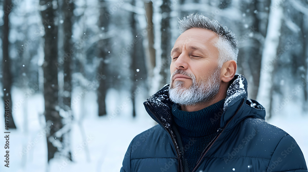 Serene man meditating snowy winter forest. Serene man meditating snowy winter forest.