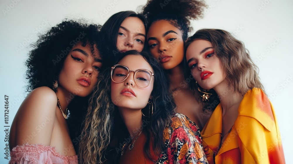 Obraz premium Diverse group of confident women posing together in stylish outfits for international women's day march 8 concept: empowered femininity and unity