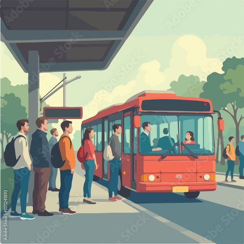 Bus Illustration vector design, Passengers entering the bus vector design