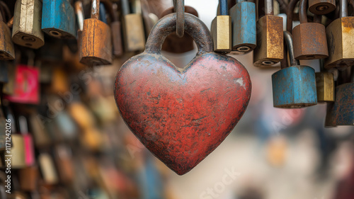 A close-up of a weathered heart-shaped lock surrounded by colorful padlocks on a fence, symbolizing love and commitment.