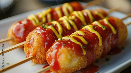 Close-up of Savory Deep-Fried Corn Dogs with Ketchup and Mustard