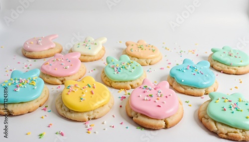 Colorful Easter bunny cookies with icing and sprinkles arranged on a white surface