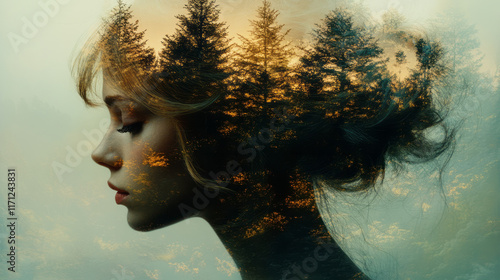 Artistic double exposure of a forest silhouette combined with a female face, symbolizing nature and humanity,