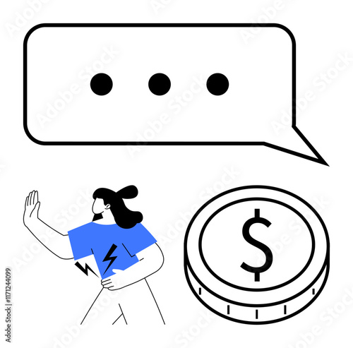 Woman gesturing refusal, speech bubble with ellipses, and dollar coin. Ideal for concepts thumbs up communication, money, negotiation, refusal, boundaries, decision-making abstract line flat