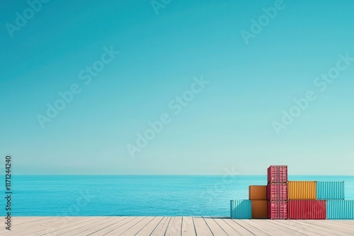 Colorful cargo containers on dockside coastal view shipping industry serene ocean environment wide angle perspective photo