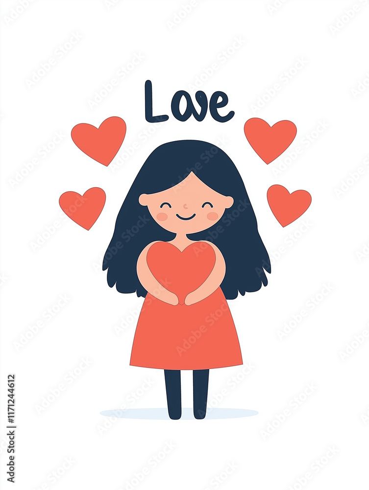 Cute Girl Embracing Love: A charming illustration of a girl holding a heart, surrounded by more hearts; perfect for Valentine's Day, love-themed projects, and expressing affection. Cute Girl Embracing Love: A charming illustration of a girl holding a heart, surrounded by more hearts; perfect for Valentine's Day, love-themed projects, and expressing affection.