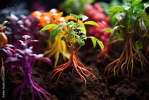 harmonious dance between plants and soil, as roots delve into depths of earth while leaves yearn for heavens, embodies exquisite equilibrium of existence and flourishing photo