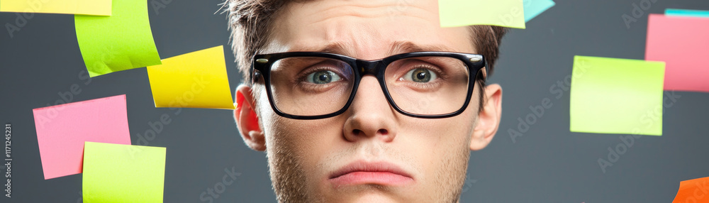 Solopreneur concept. Focused individual surrounded by colorful sticky notes, expressing deep thought Solopreneur concept. Focused individual surrounded by colorful sticky notes, expressing deep thought