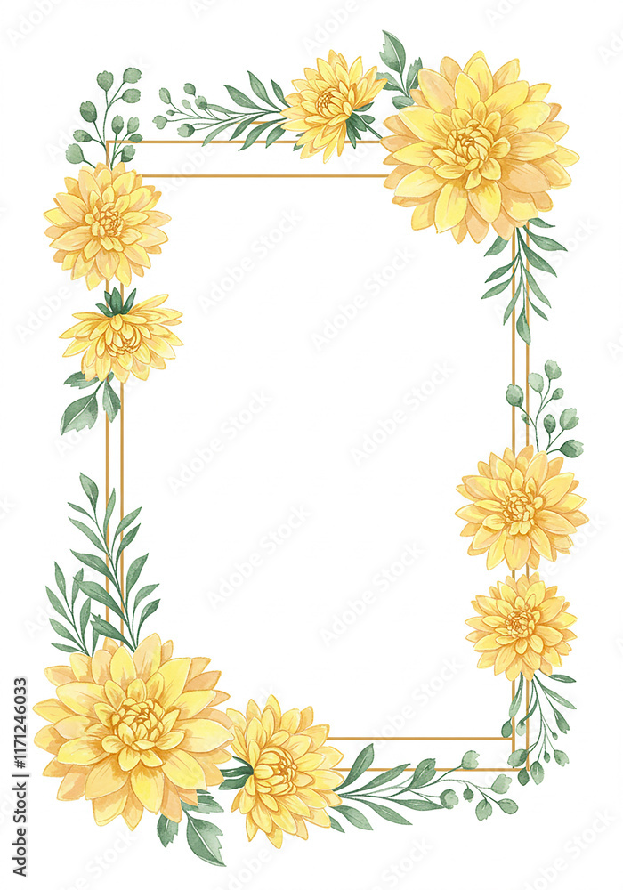 Fototapeta premium Elegant Yellow Dahlia Floral Frame Wedding Invitation Greeting Card Design